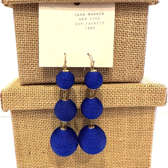 NWT Club Monaco Earrings- triple royal blue fabric baubles, gold tone - Picture 2 of 6